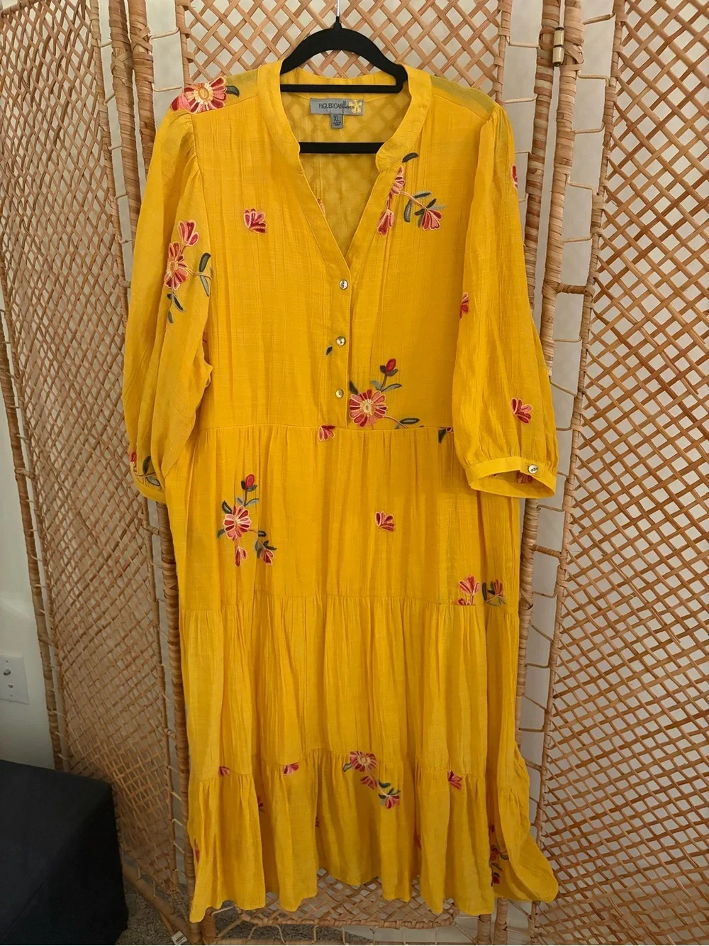 Yellow Tiered Maxi Dress with Floral Embroidery - Picture 8 of 8